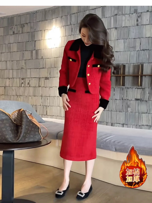 Red small fragrant style tweed suit for women autumn and winter 2023 new model light luxury high-end thickened short skirt two-piece set