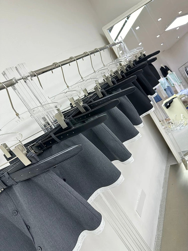 ZY2025 Spring New Korean Style Design High Waist Button Suit Short Skirt Female Lace Edge A-Line Skirt 25718