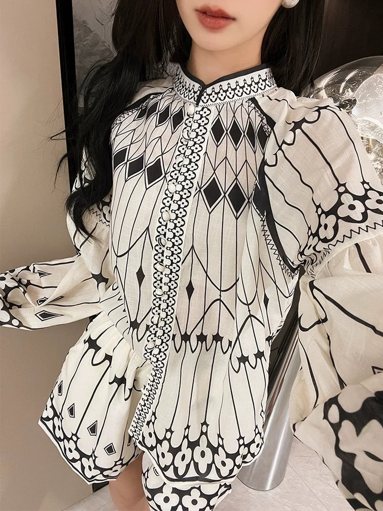 French retro palace style lantern sleeve temperament shirt high waist slimming wide leg pants shorts two-piece set women's new style