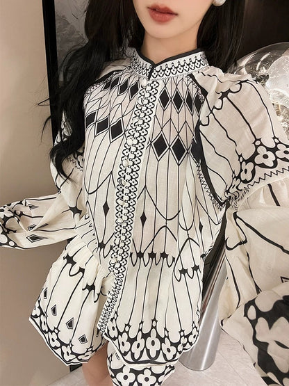 French retro palace style lantern sleeve temperament shirt high waist slimming wide leg pants shorts two-piece set women's new style