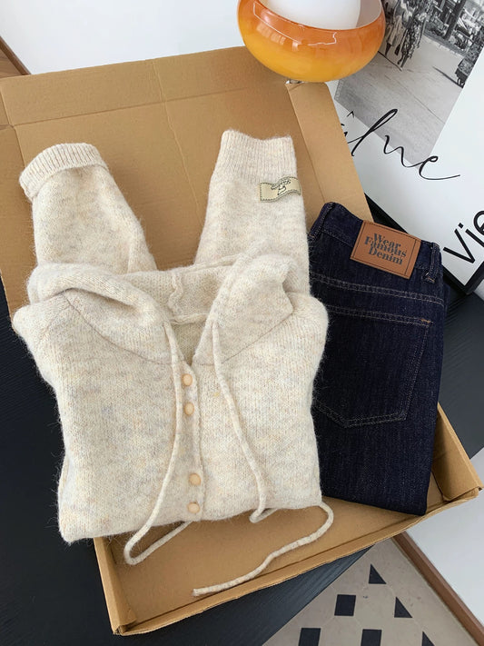 Korean soft and gentle style hooded knitted cardigan sweater women's autumn and winter fashionable double-breasted milk-huhu jacket top