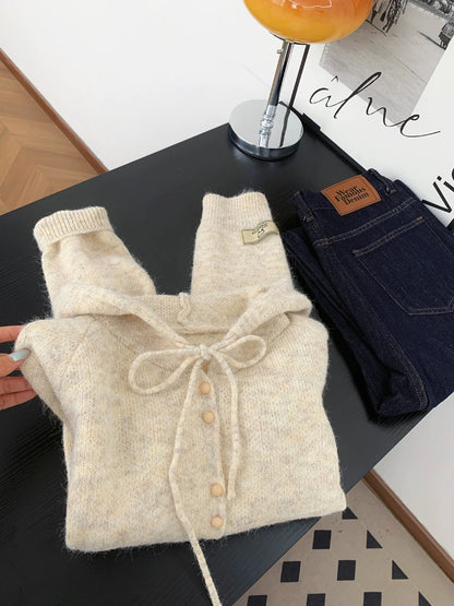 Korean soft and gentle style hooded knitted cardigan sweater women's autumn and winter fashionable double-breasted milk-huhu jacket top