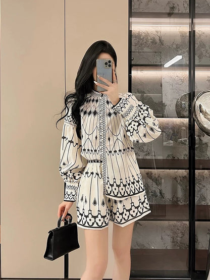 French retro palace style lantern sleeve temperament shirt high waist slimming wide leg pants shorts two-piece set women's new style
