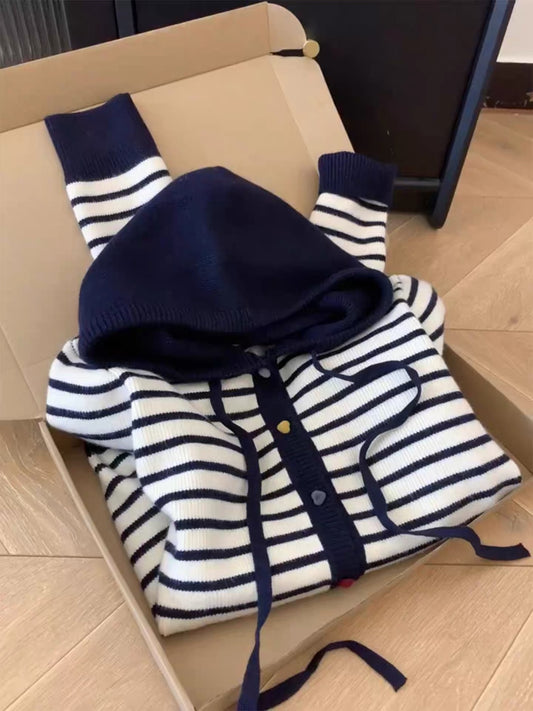 Lazy style striped contrast color long-sleeved knitted cardigan women's spring and autumn 2025 autumn new fashion loose sweater jacket