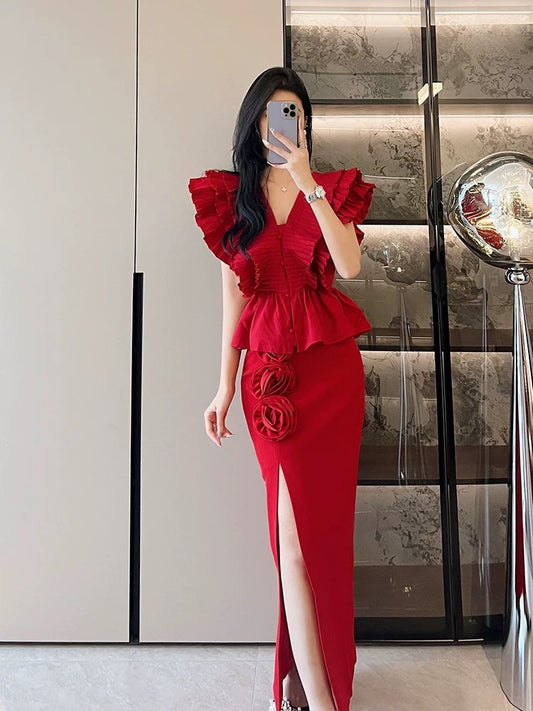 Ladylike ruffled V-neck sexy top + high-waisted slimming butt-hugging skirt two-piece mini dress for women