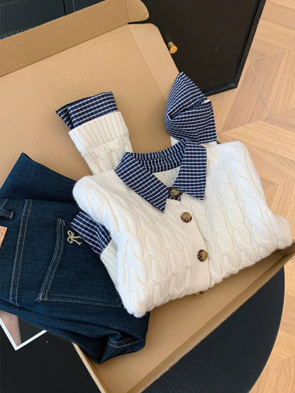 Design sense fake two-piece plaid polo collar contrast color sweater women's autumn and winter new unique splicing cable knitted top