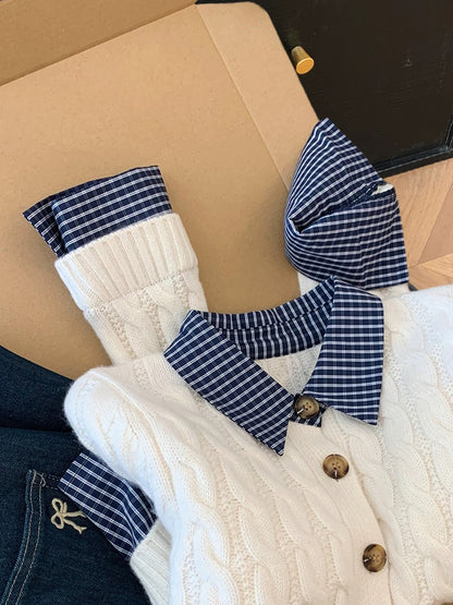 Design sense fake two-piece plaid polo collar contrast color sweater women's autumn and winter new unique splicing cable knitted top