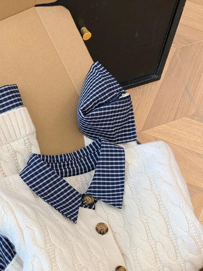 Design sense fake two-piece plaid polo collar contrast color sweater women's autumn and winter new unique splicing cable knitted top