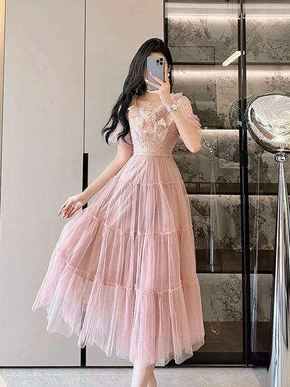French elegant and fashionable sequined mesh lace embroidery slimming, gentle and beautiful dress tea break dress for women summer dress