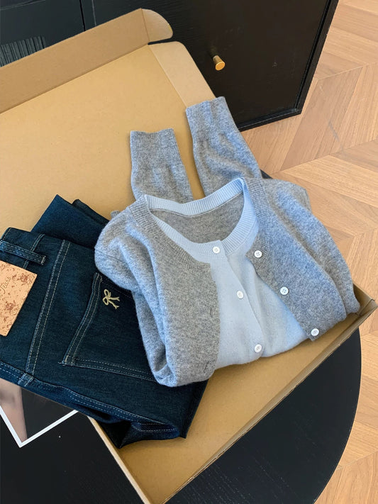 Korean design sense fake two-piece contrast color knitted sweater women's autumn and winter fashion all-match casual cardigan jacket top
