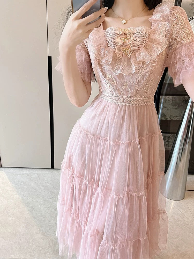 French elegant and fashionable sequined mesh lace embroidery slimming, gentle and beautiful dress tea break dress for women summer dress