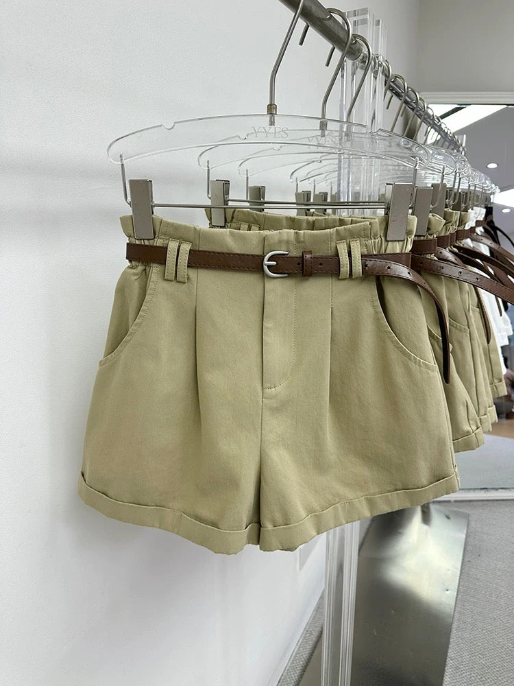 YOYO2908 shorts women summer 2025 new high waist curled elastic waist loose a-line workwear wide-leg pants