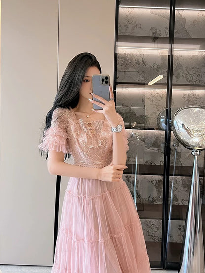 French elegant and fashionable sequined mesh lace embroidery slimming, gentle and beautiful dress tea break dress for women summer dress
