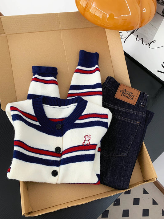Korean college style contrast color striped knitted cardigan women autumn and winter retro lazy puppy embroidered sweater jacket top