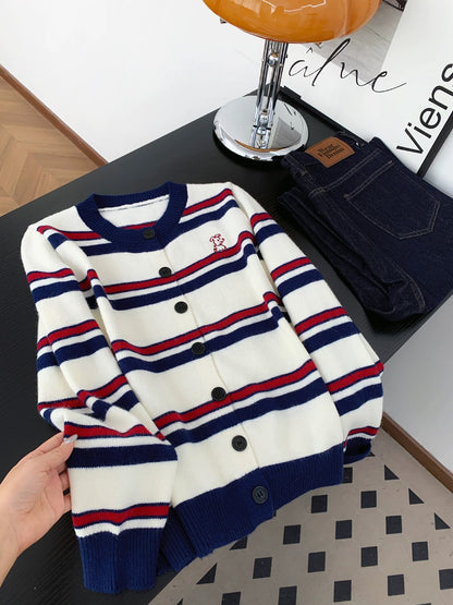 Korean college style contrast color striped knitted cardigan women autumn and winter retro lazy puppy embroidered sweater jacket top