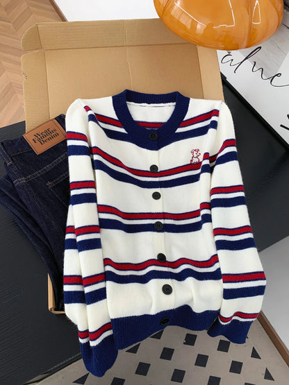 Korean college style contrast color striped knitted cardigan women autumn and winter retro lazy puppy embroidered sweater jacket top