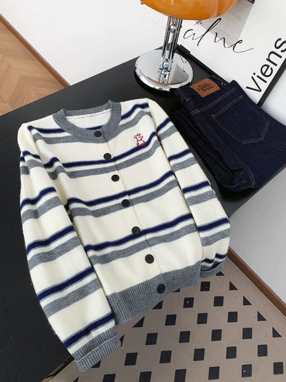 Korean college style contrast color striped knitted cardigan women autumn and winter retro lazy puppy embroidered sweater jacket top