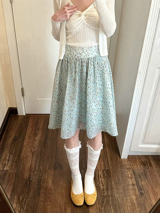 French retro elegant color-blocked polka dot pleated midi skirt, new spring/summer style, high-waisted A-line, flowing and loose-fitting.