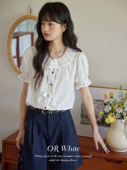 ORWhite 2025 Summer French Girl Shirt Women's Ruffle White Short Sleeve Retro College Style Top