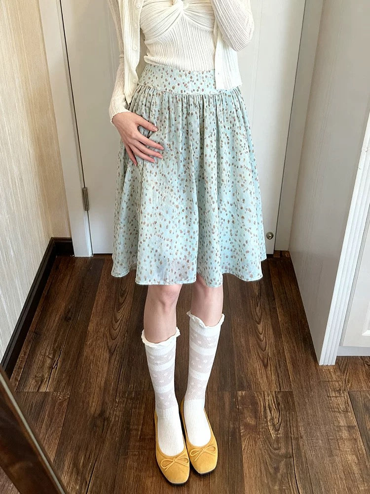 French retro elegant color-blocked polka dot pleated midi skirt, new spring/summer style, high-waisted A-line, flowing and loose-fitting.