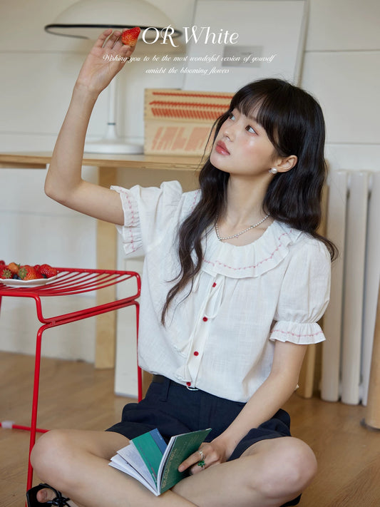 ORWhite 2025 Summer French Girl Shirt Women's Ruffle White Short Sleeve Retro College Style Top