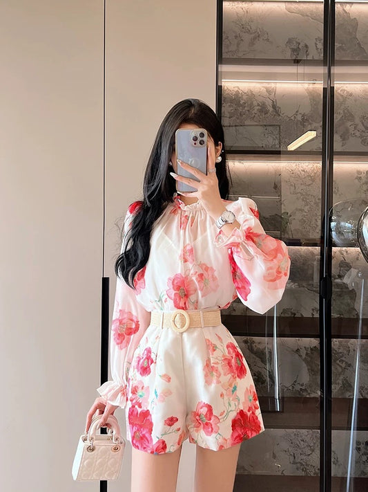 Australian fashion brand floral pattern stand-up collar lantern sleeve shirt high-waisted shorts two-piece fashion suit for women European station