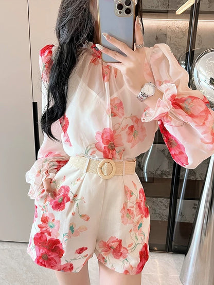 Australian fashion brand floral pattern stand-up collar lantern sleeve shirt high-waisted shorts two-piece fashion suit for women European station