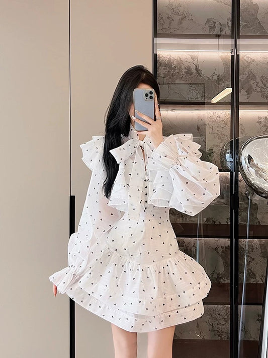 French niche ruffled lace-up bow love printed see-through shirt top high-waisted skirt two-piece suit