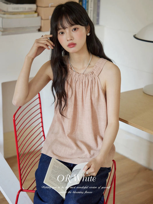 ORWhite 2025 Summer Tencel Ramie Halter Tops for Women Sleeveless A-Line Slim French Holiday Style