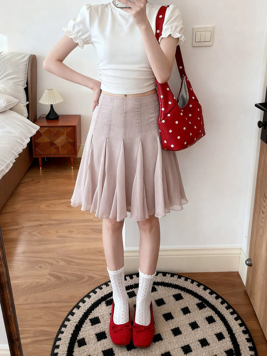 Plus-size French mesh cinnamon-colored irregular midi skirt for women, summer slimming pleated short skirt, five-point midi skirt