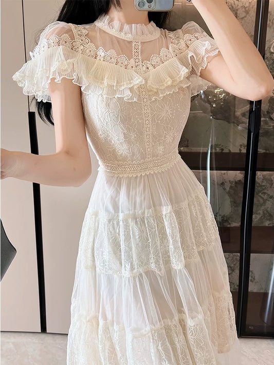 French design mesh skirt 2024 new summer style ladylike temperament heavy industry puff sleeve waist slimming dress