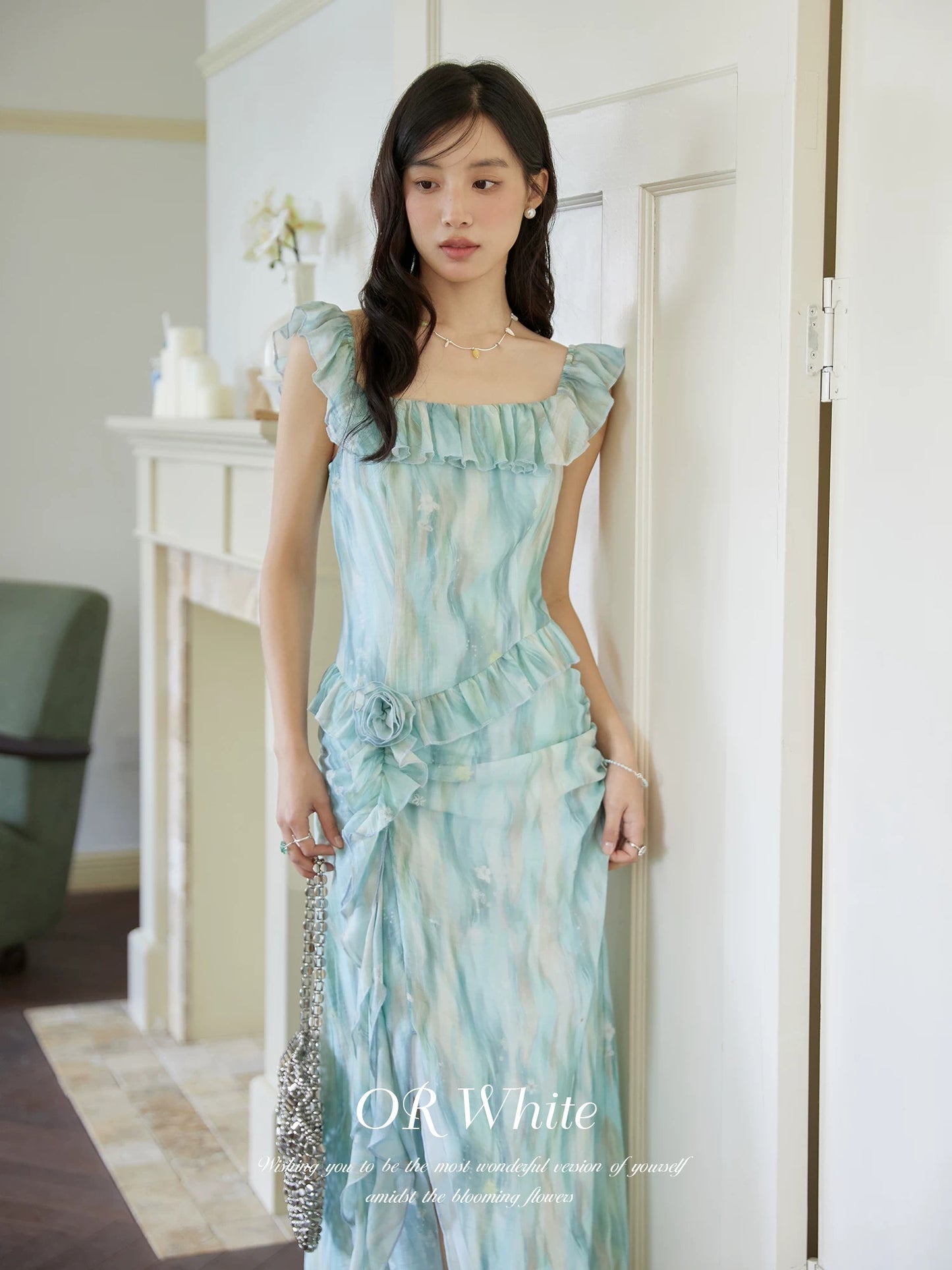ORWhite French Gradient Chiffon Dress Women's Ruffle Design Tencel Fabric Holiday Style