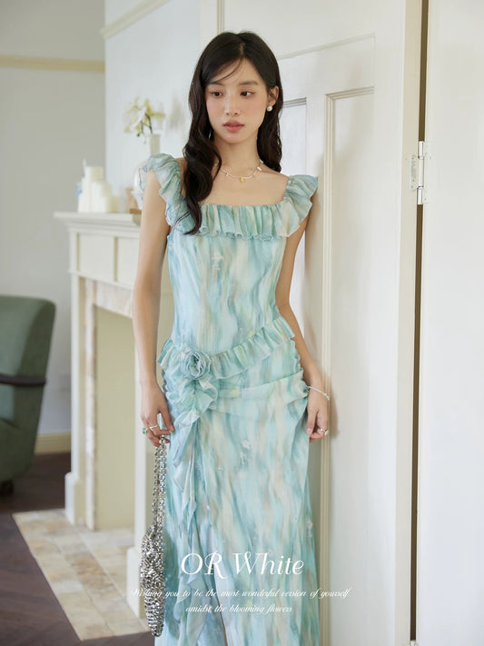 ORWhite French Gradient Chiffon Dress Women's Ruffle Design Tencel Fabric Holiday Style