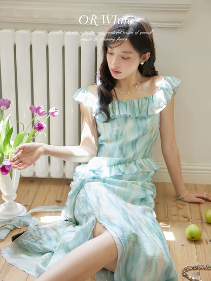ORWhite French Gradient Chiffon Dress Women's Ruffle Design Tencel Fabric Holiday Style