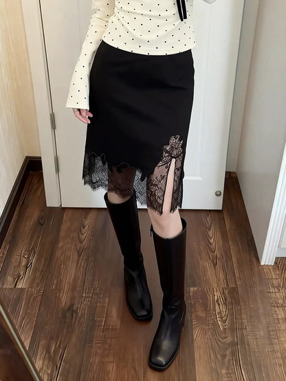 French-style spring/summer new irregular design lace patchwork midi skirt, high-waisted, unique style.