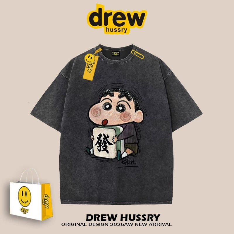 drew American mahjong crayon shinchan short-sleeved t-shirt men and women ins loose summer heavy cotton casual couple wear