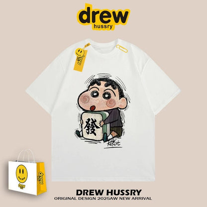 drew American mahjong crayon shinchan short-sleeved t-shirt men and women ins loose summer heavy cotton casual couple wear