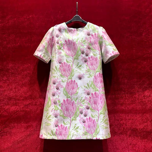 Art jacquard diamond-encrusted short-sleeved loose-waist niche non-contrasting high-end exquisite dress with feminine temperament 2024 new style