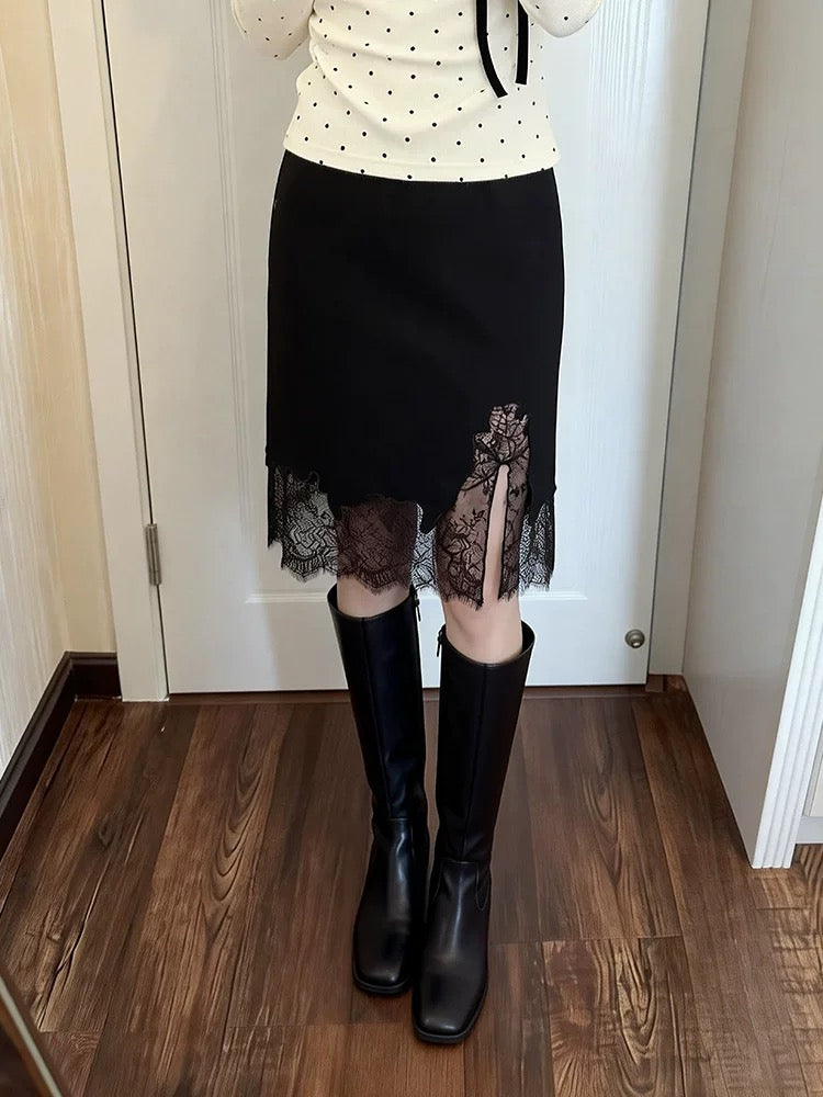 French-style spring/summer new irregular design lace patchwork midi skirt, high-waisted, unique style.