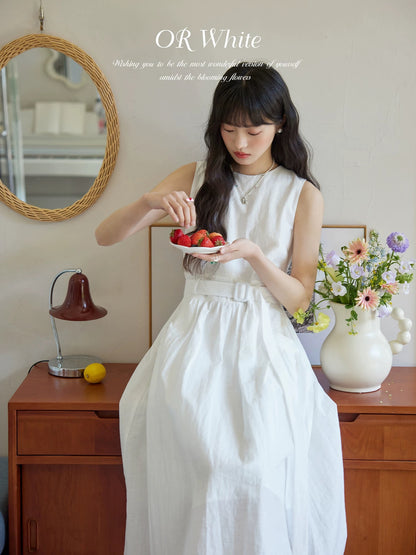 ORWhite 2025 Summer French Waist Dress Women's Lace-up A-line Skirt Girly Suspender Vest Dress