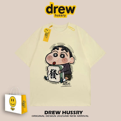 drew American mahjong crayon shinchan short-sleeved t-shirt men and women ins loose summer heavy cotton casual couple wear