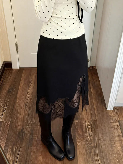 French-style spring/summer new irregular design lace patchwork midi skirt, high-waisted, unique style.