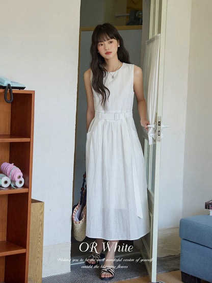ORWhite 2025 Summer French Waist Dress Women's Lace-up A-line Skirt Girly Suspender Vest Dress