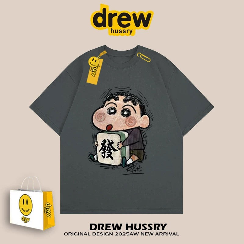 drew American mahjong crayon shinchan short-sleeved t-shirt men and women ins loose summer heavy cotton casual couple wear