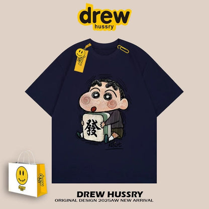 drew American mahjong crayon shinchan short-sleeved t-shirt men and women ins loose summer heavy cotton casual couple wear
