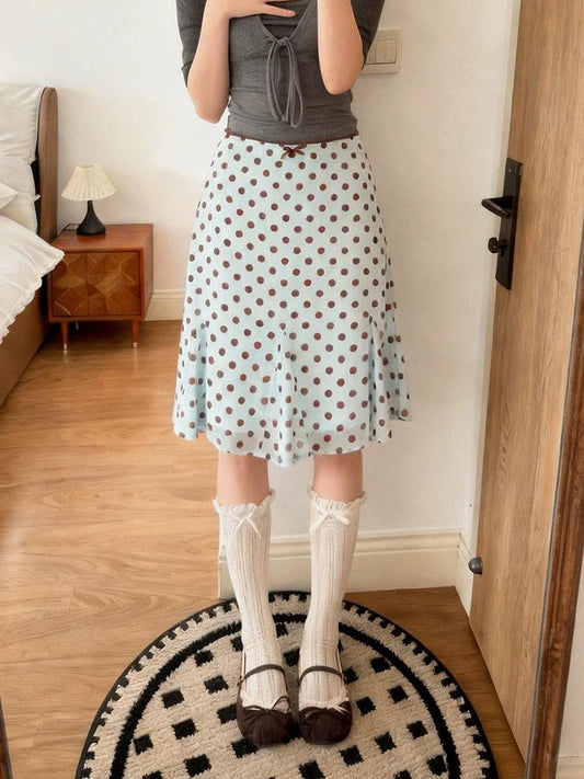 French-style sweet and elegant polka dot high-waisted midi skirt for plus-size women, new spring/summer style, playful and youthful A-line mini skirt.
