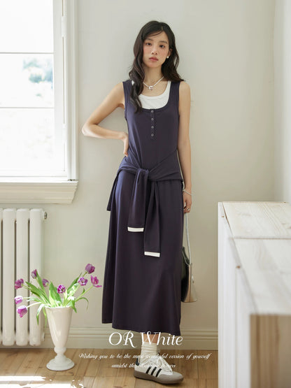 ORWhite French retro navy blue dress for women with square collar, fake two-piece stitching design, sleeveless