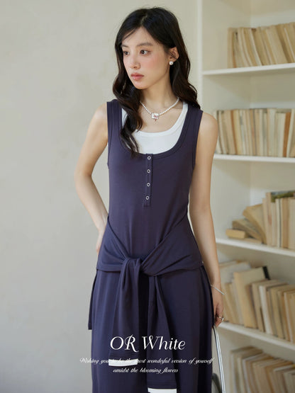 ORWhite French retro navy blue dress for women with square collar, fake two-piece stitching design, sleeveless