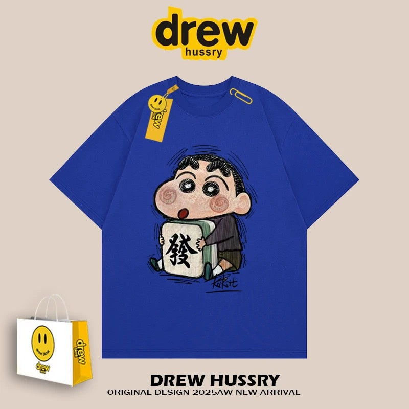 drew American mahjong crayon shinchan short-sleeved t-shirt men and women ins loose summer heavy cotton casual couple wear
