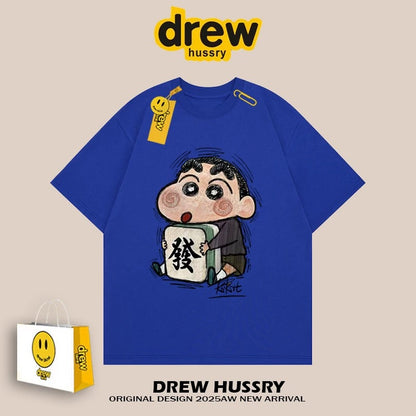 drew American mahjong crayon shinchan short-sleeved t-shirt men and women ins loose summer heavy cotton casual couple wear